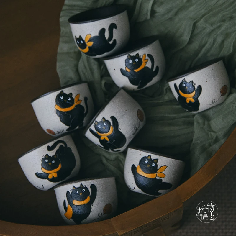 黑猫系列】创意小杯子 复古萌 手绘粗陶主人杯茶杯咖啡杯
