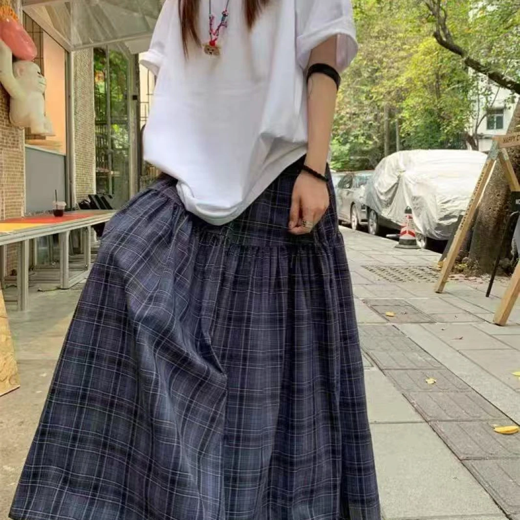 『雨美 Show』5072蓝色时尚百搭格子半身裙