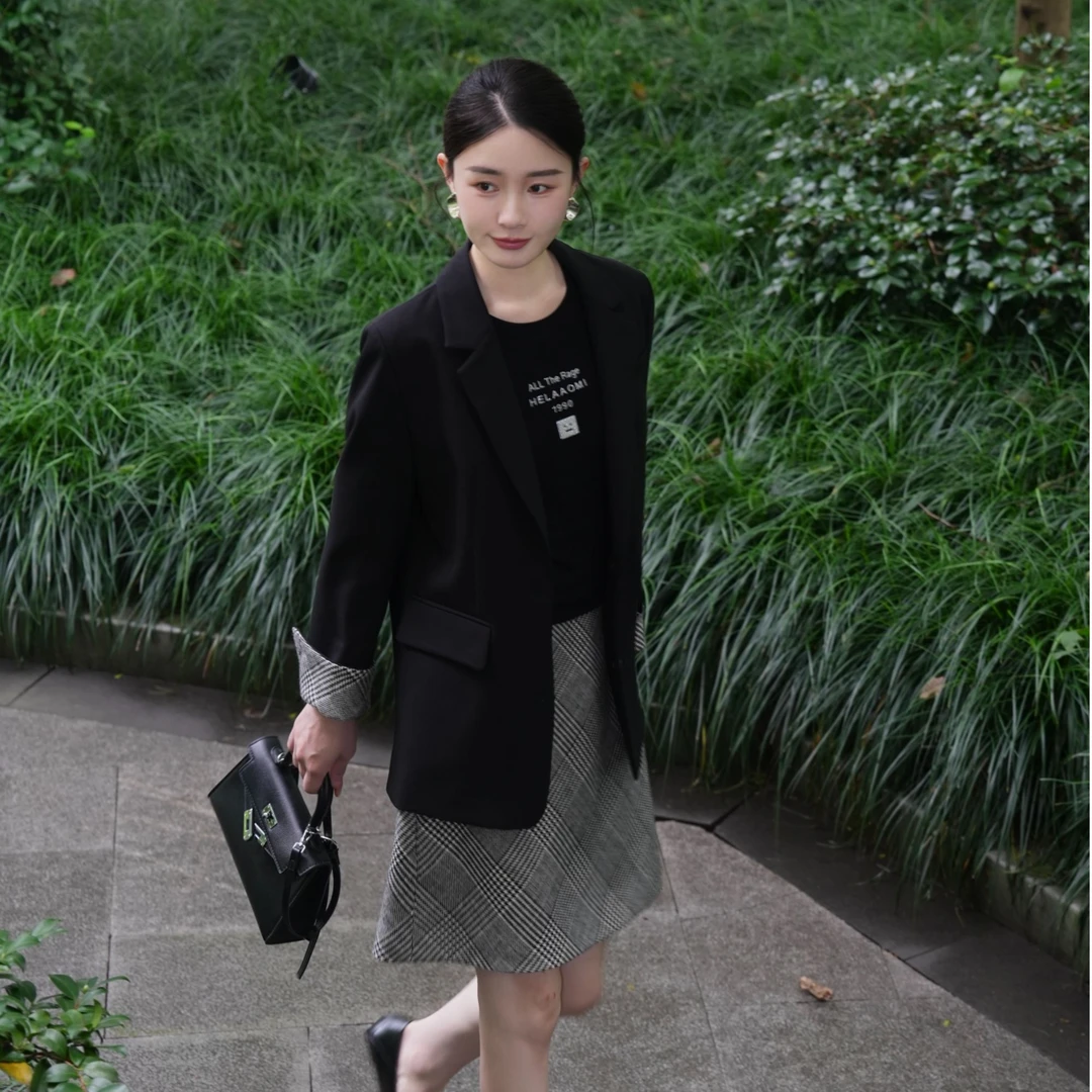 HELAAOMI “千鸟西装”复古格纹秋冬长袖平驳领休闲西装外套