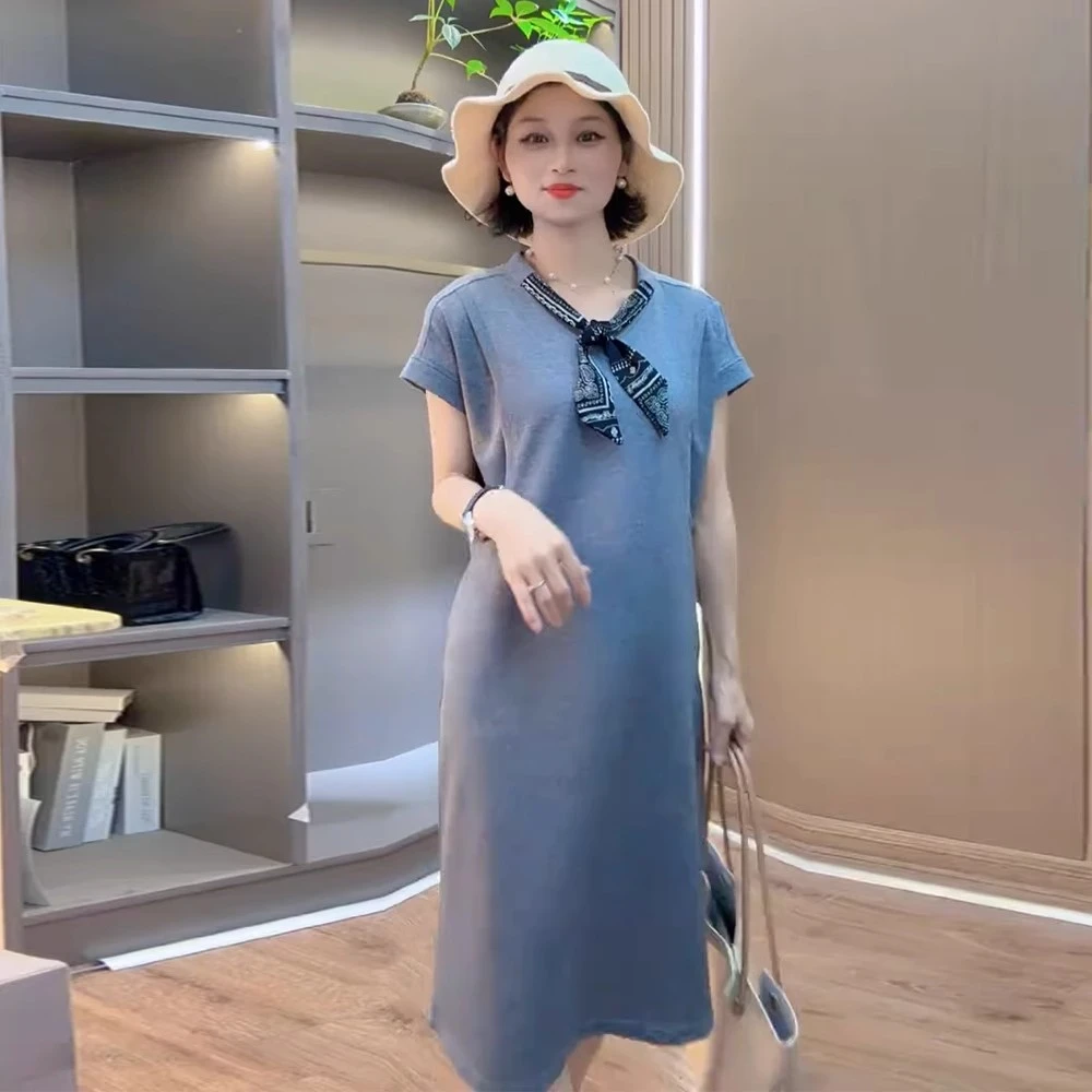 2025夏季新款拼接透气V领休闲时尚丝巾上衣显瘦高腰连衣裙