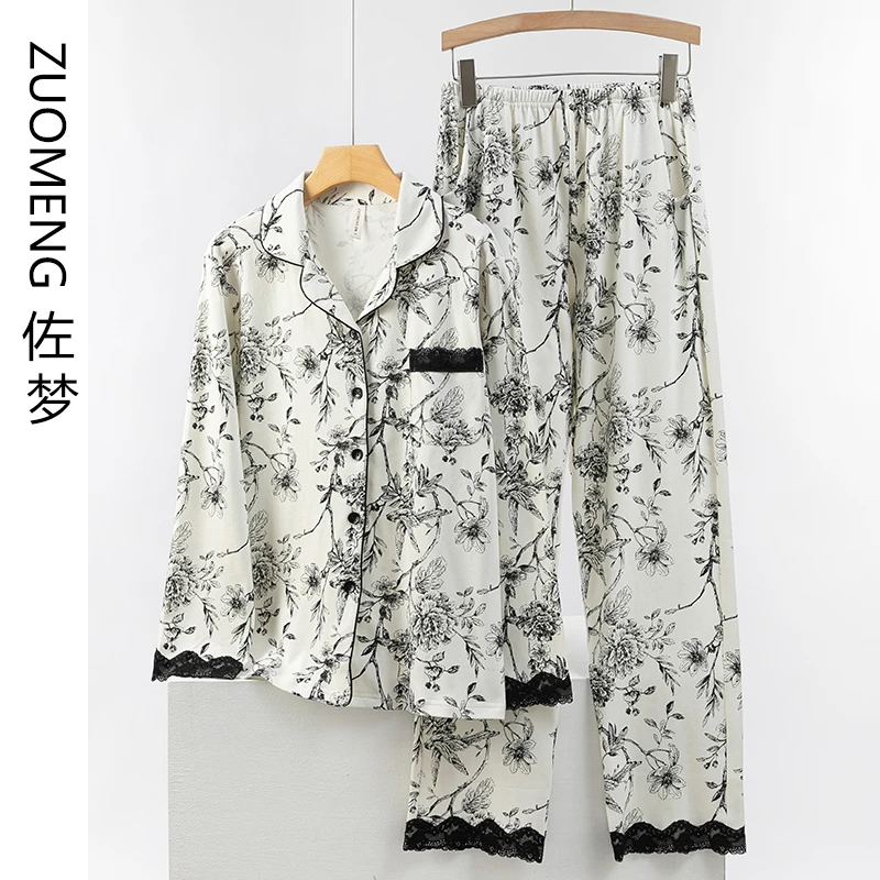 佐梦女士睡衣春秋季新款纯棉长袖长裤套装女款休闲大码全棉家居服