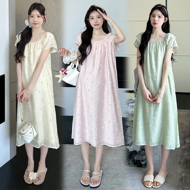 2025夏季孕妇装甜美中长款透气薄款短袖大码碎花显瘦孕妇连衣裙