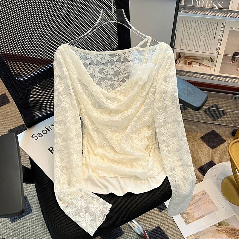 【运费补贴】设计感气质荡领假两件撞色蕾丝衫女装春季新款修身上衣