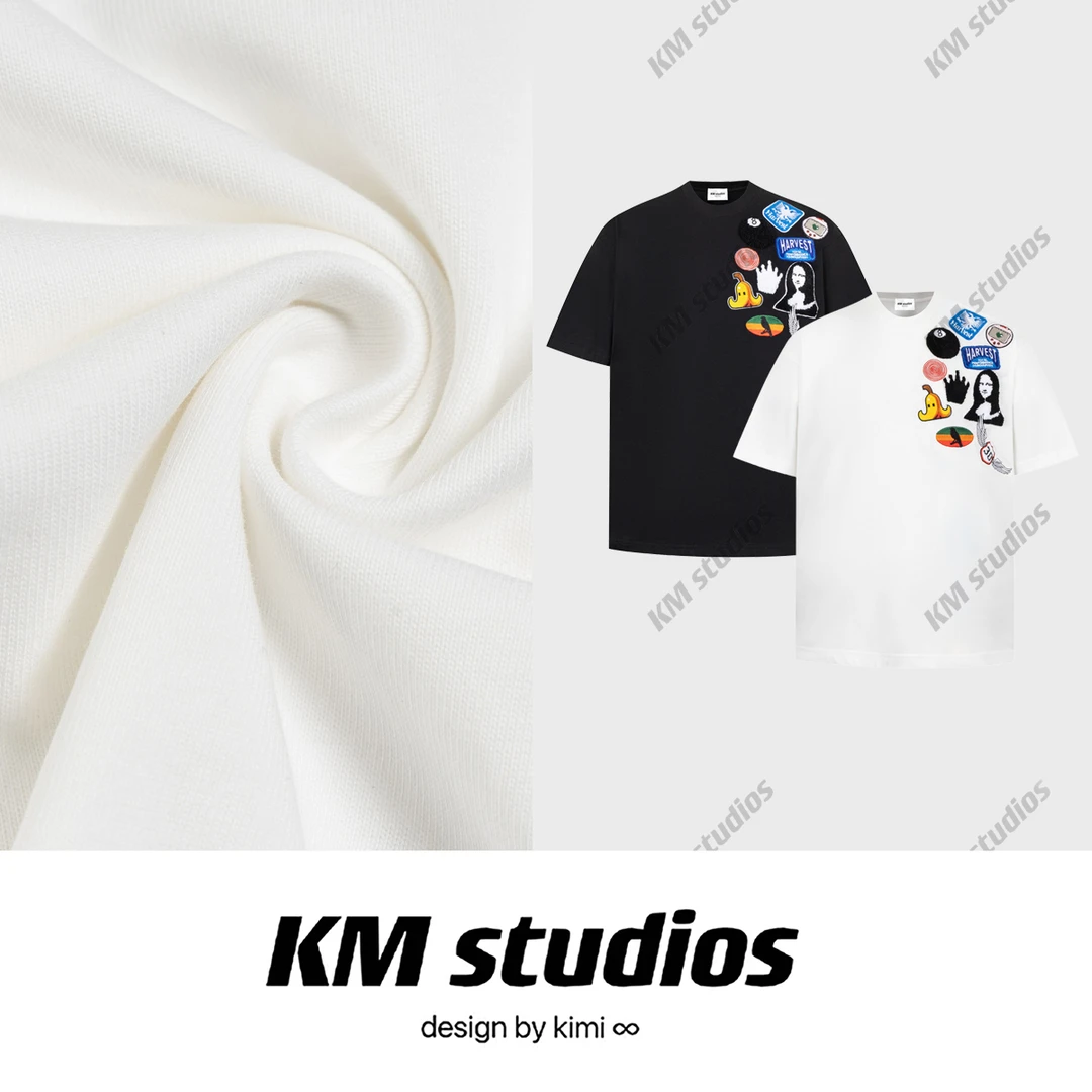 KM studios 夏季氛围感巴家280g纯棉毛巾绣短袖贴布T恤男女宽松