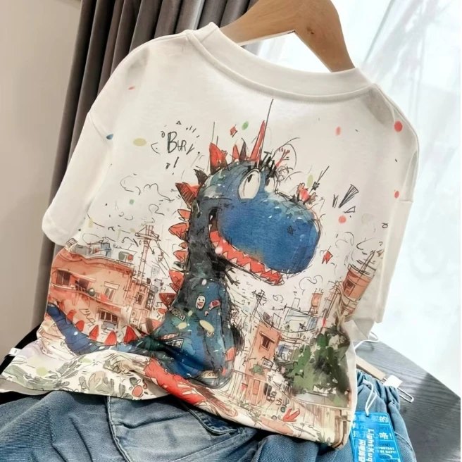 100%棉质男女中小童2025夏季新韩版扎染满印圆领短袖T恤上衣