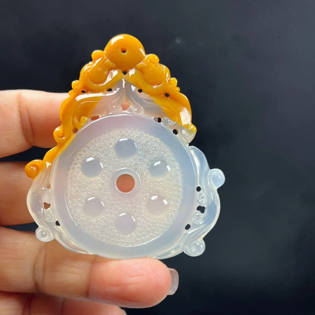 天然玉石精品珠宝云南黄龙玉仿古牌双龙戏珠毛衣链正品送礼证书