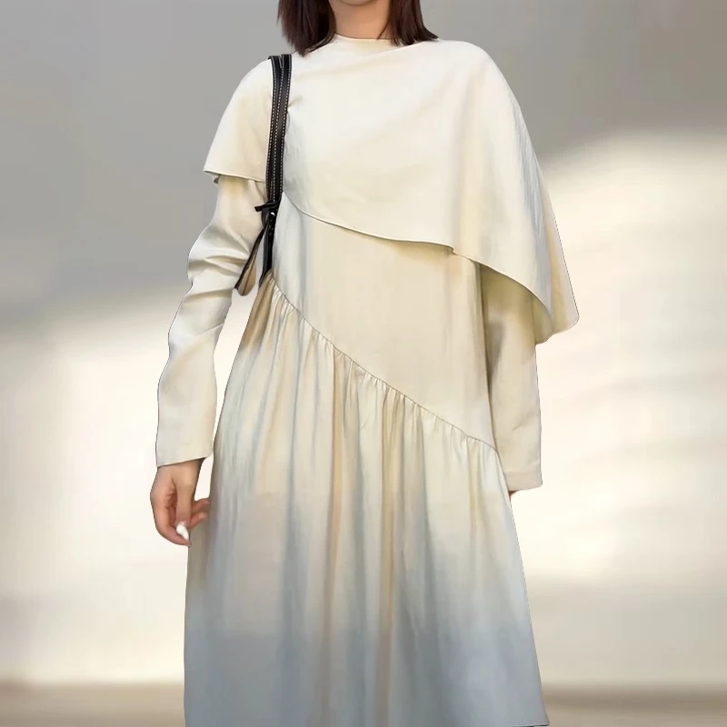 大码胖mm法式纯色通勤百搭荷叶边连衣裙女早秋遮肉显瘦简约中长裙