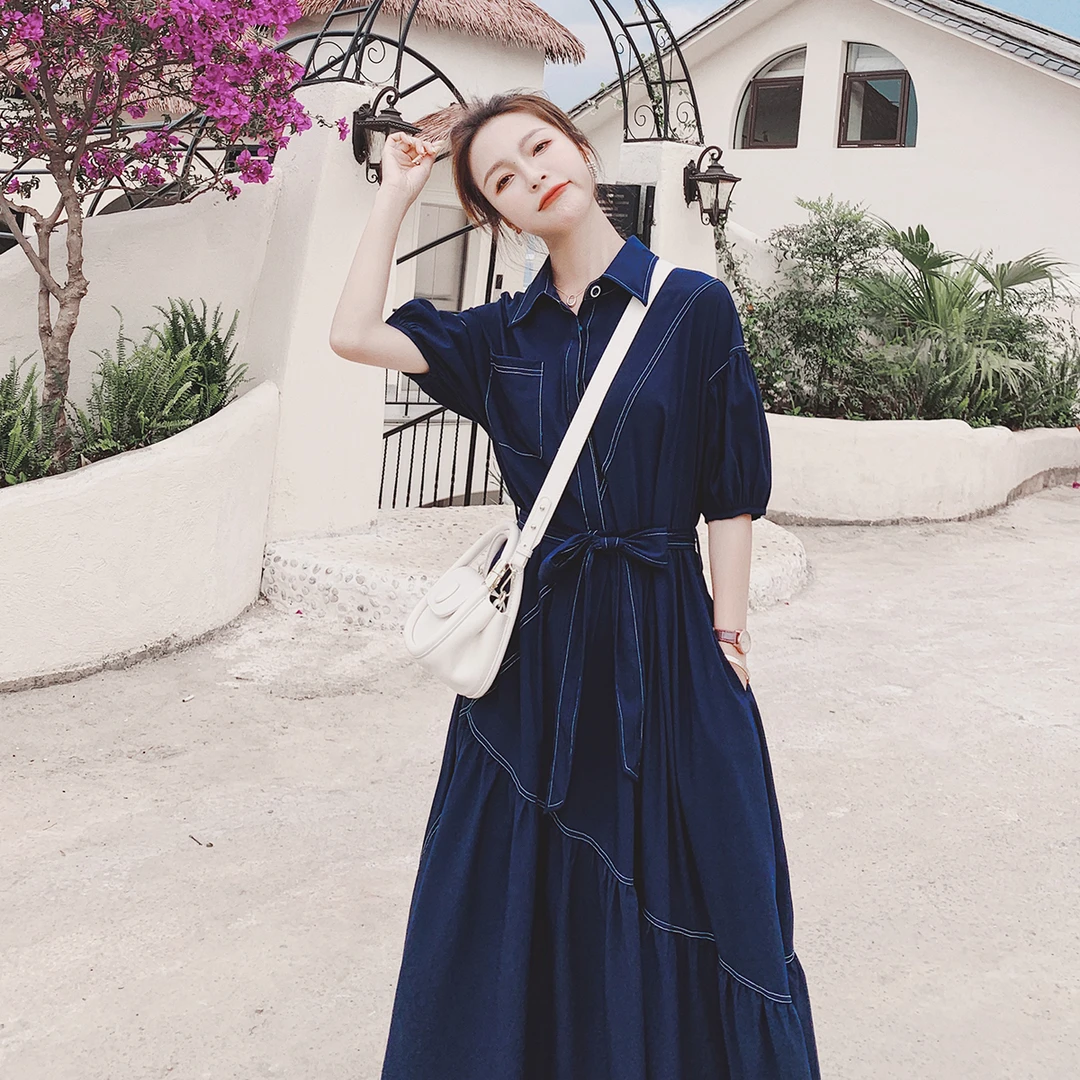 藏青色连衣裙女夏季2025新款显瘦气质收腰温柔风漂亮法式茶歇裙子