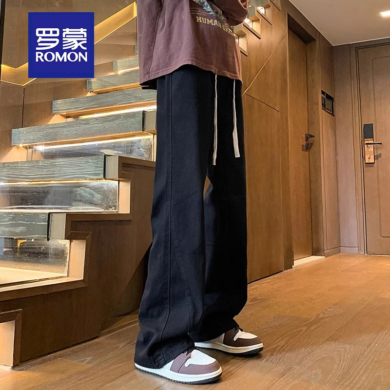 罗蒙弯刀微喇牛仔裤男款美式高街阔腿百搭裤子男款春夏直筒喇叭裤