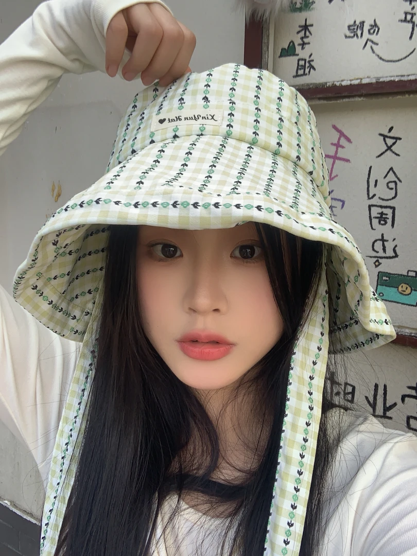 春夏大檐极简风平顶遮阳帽夏季秋季帽子春季格子渔夫帽法式