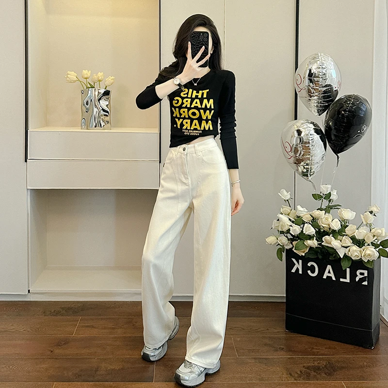 2025春港风潮牌时尚套装女修身短款长袖T恤白色阔腿牛仔裤两件套