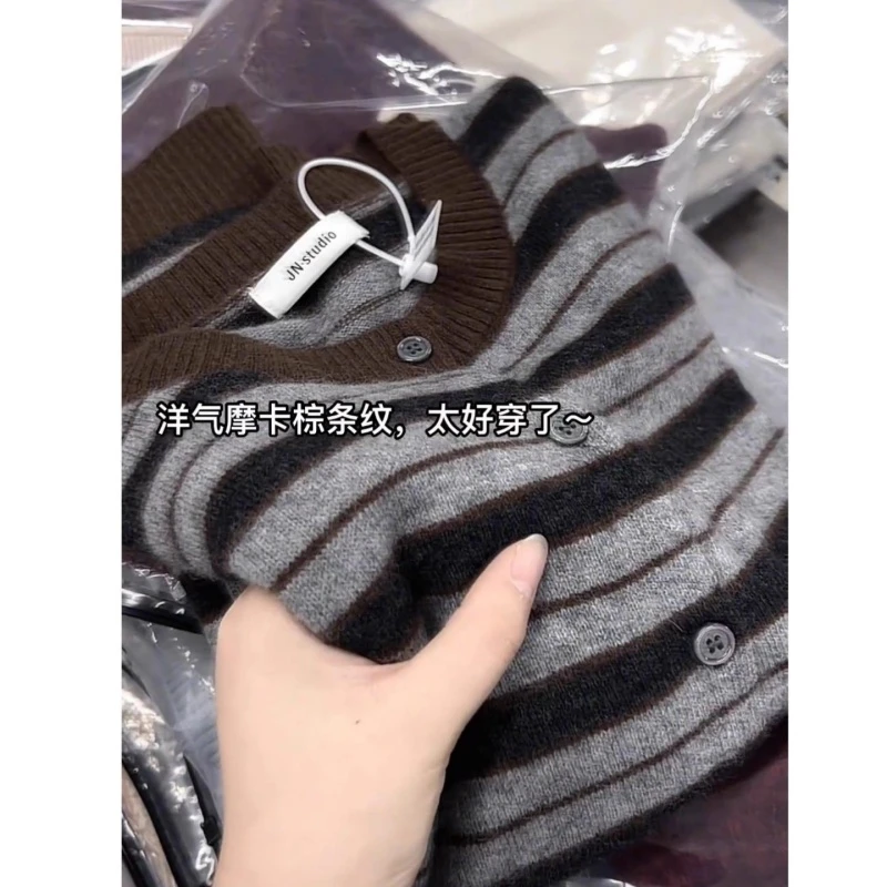 秋季慵懒风穿搭慵懒风复古条纹毛衣胖mm大码显瘦高级感圆领针织衫