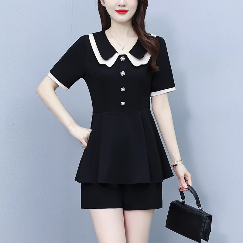 夏季新款娃娃领时尚洋气遮肚显瘦大码女装胖mm短袖短裤套