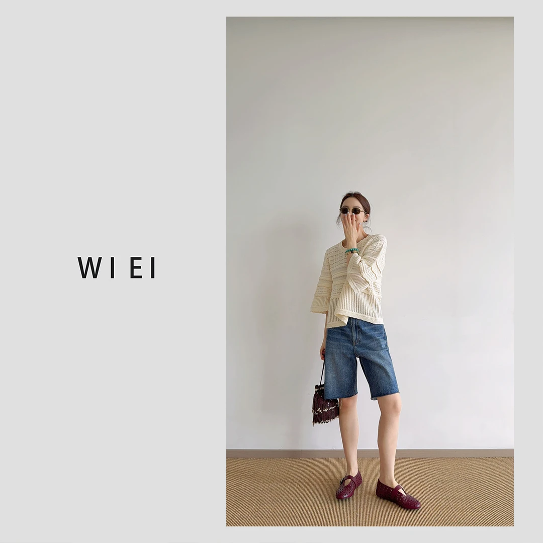 《WI EI》捕梦网*法式 镂空圆领 设计感软糯佰搭针织上衣 7A258