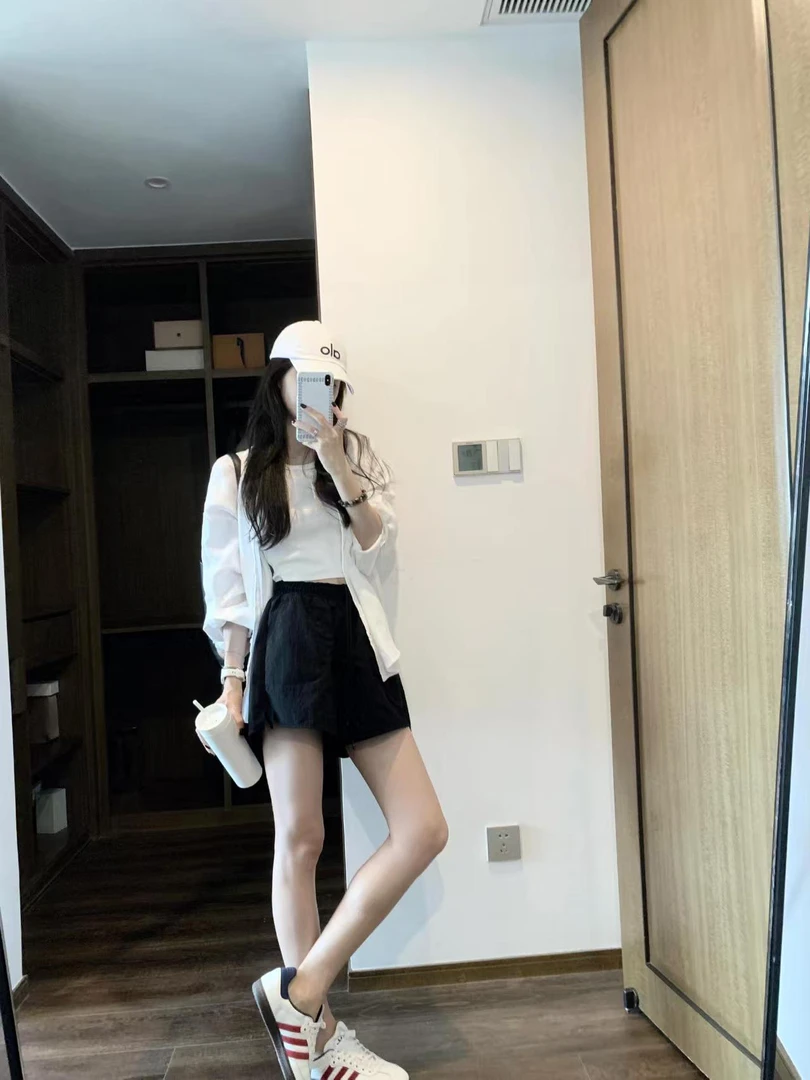 韩系休闲套装女2025夏季新款宽松长袖防晒衬衫百搭高腰黑色短裤子