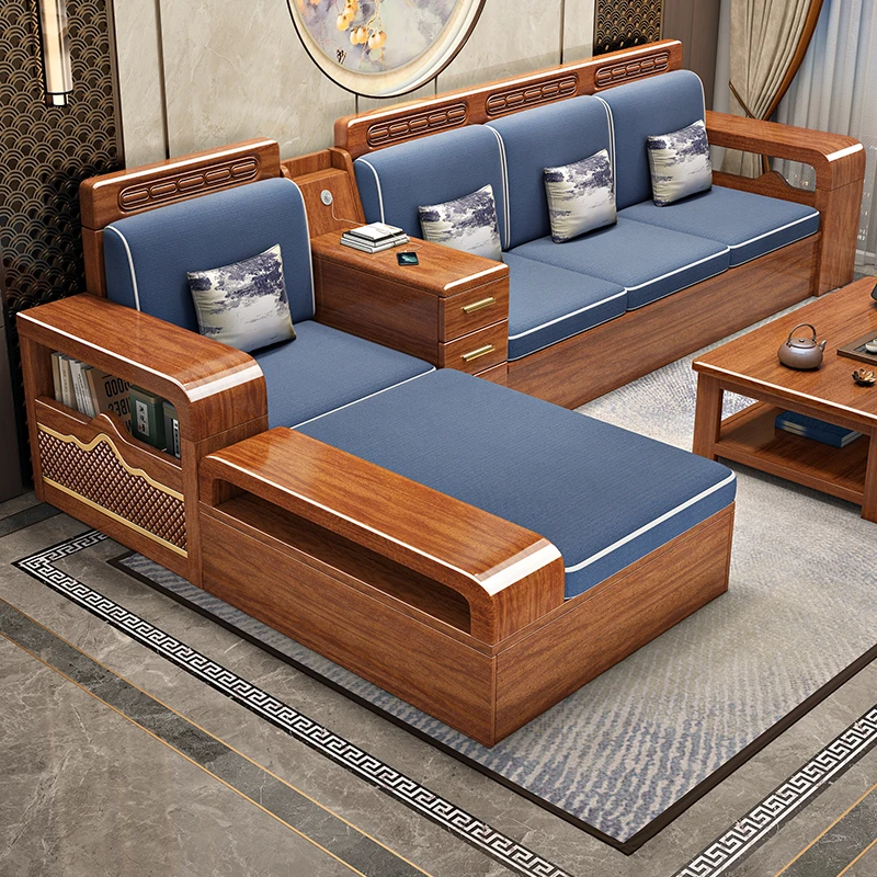 中式佛山胡桃木中式家具现代简约储物广东佛山实木沙发带踏储物