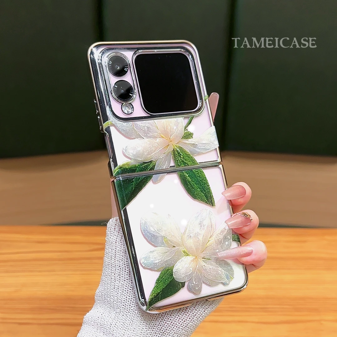 适用【华为NOVAFLIP】茉莉花电镀银折叠机高颜值支架简约手机壳女