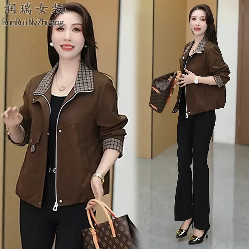 复古格纹拼接翻领短外套女2025秋季新款小个子休闲百搭短款夹克潮