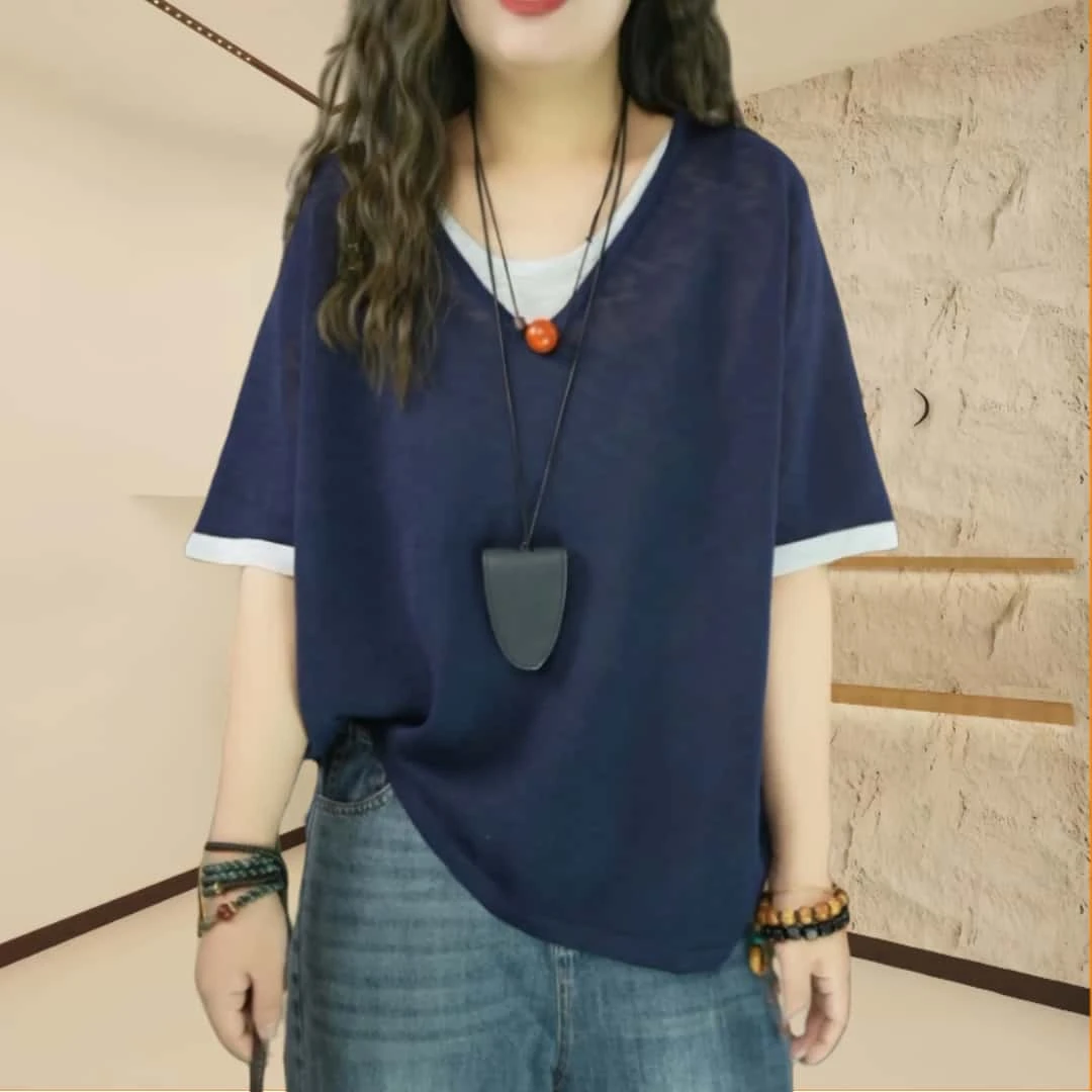 夏季宽松短袖假两件T恤女2025休闲百搭时尚宽松撞色V领薄款上衣