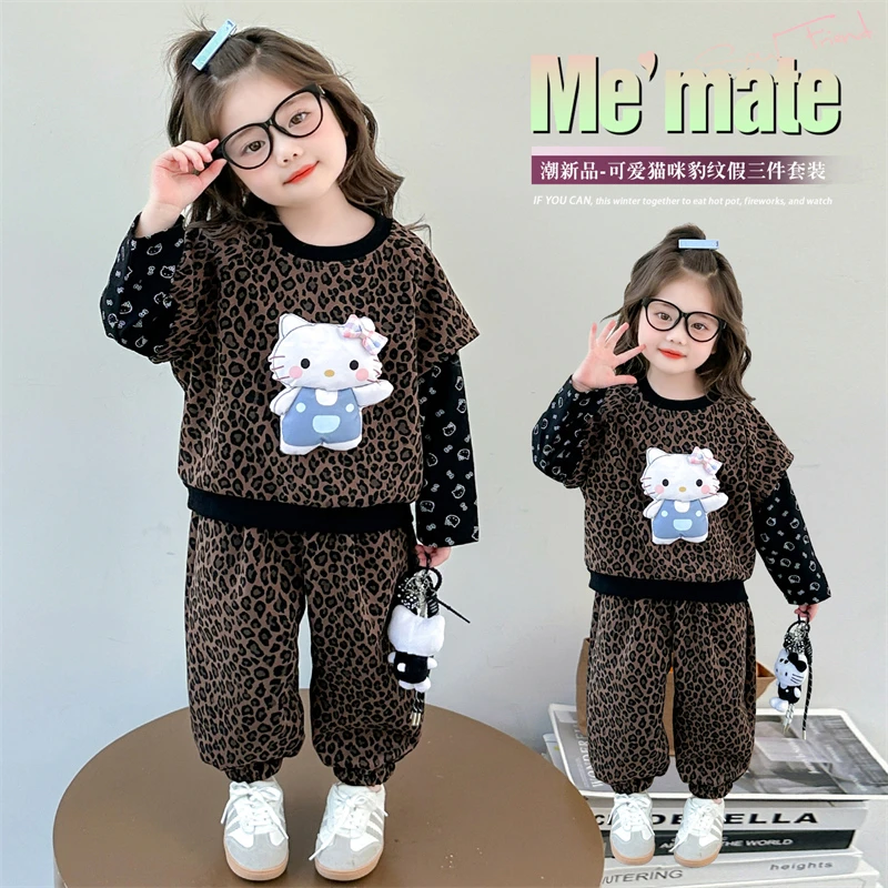 女童套装秋季新款豹纹卡通假两件套套装90-140（价格已开）