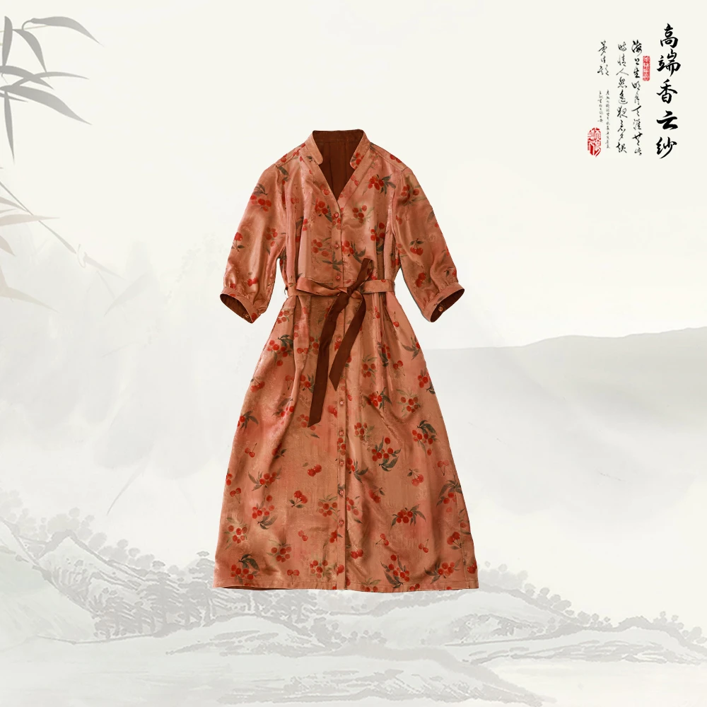 品牌新款中式气质复古 V领樱桃提花单排扣中袖连衣裙529601
