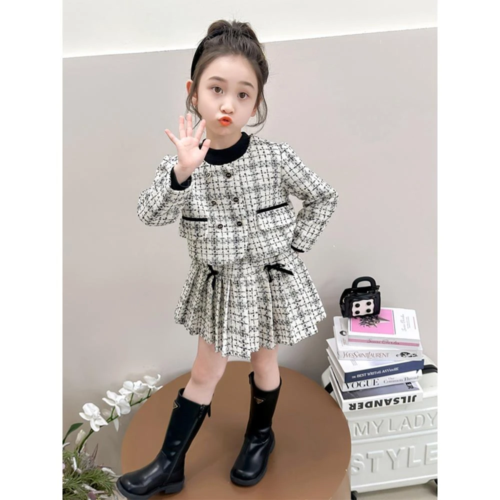 女童秋装小香风套装2025新款儿童千鸟格百褶裙子宝宝春秋款衣服