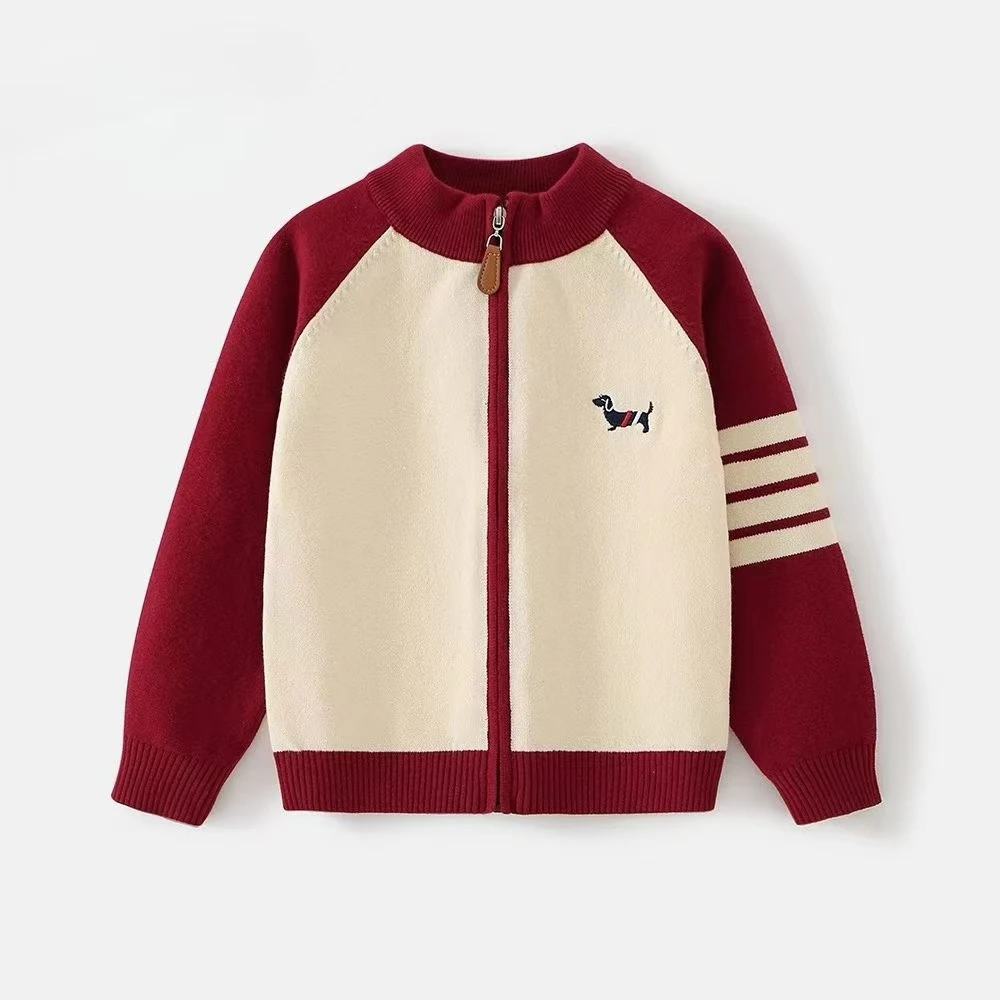 【天然棉】时尚洋气新款男童女童针织儿童长袖红色男童毛衣拉链开衫