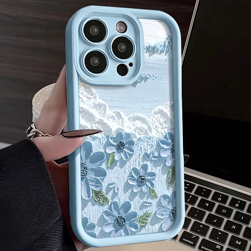 蓝色白云蓝花适用iphone16苹果手机壳15promax金刚砂1413全包1211