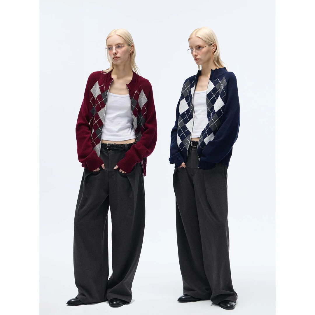 RustyNaill双色羊毛复古菱形提花休闲慵懒针织开衫毛衣