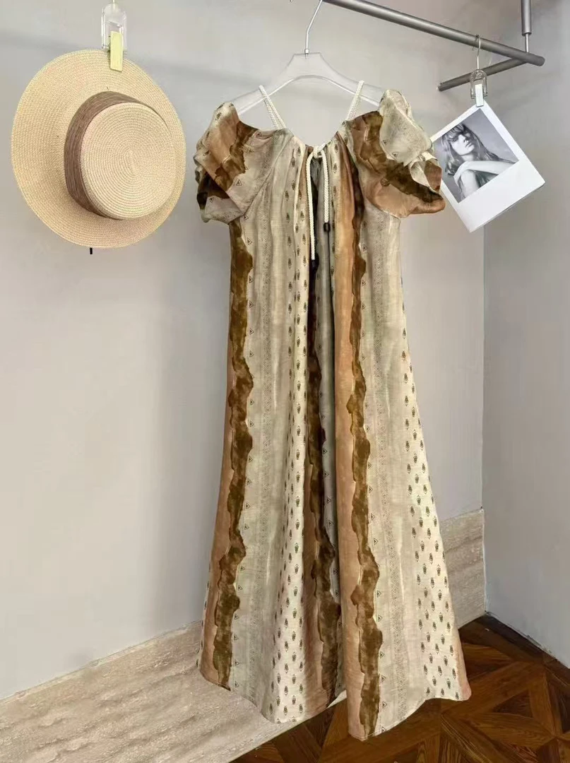 度假风挂脖夏季印花鱼尾裙长款连衣裙气质裙子百搭复古显瘦吊带裙