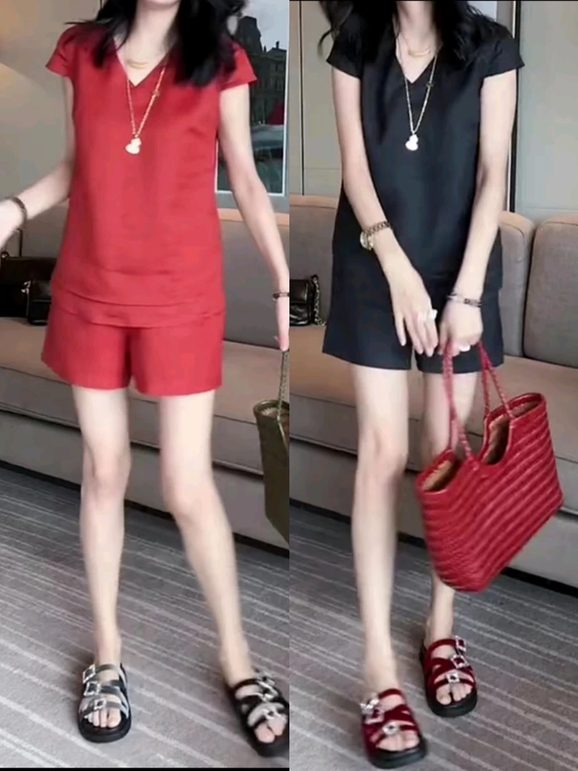 夏季薄款休闲套装宽松显瘦洋气减龄透气短袖上衣短裤两件套