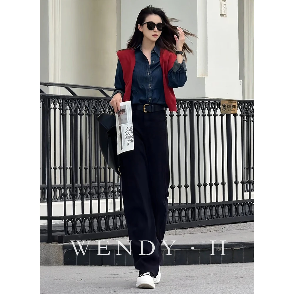 蓝色水洗牛仔裤女2025年秋季新款高腰宽松显瘦设计感休闲弯刀裤子