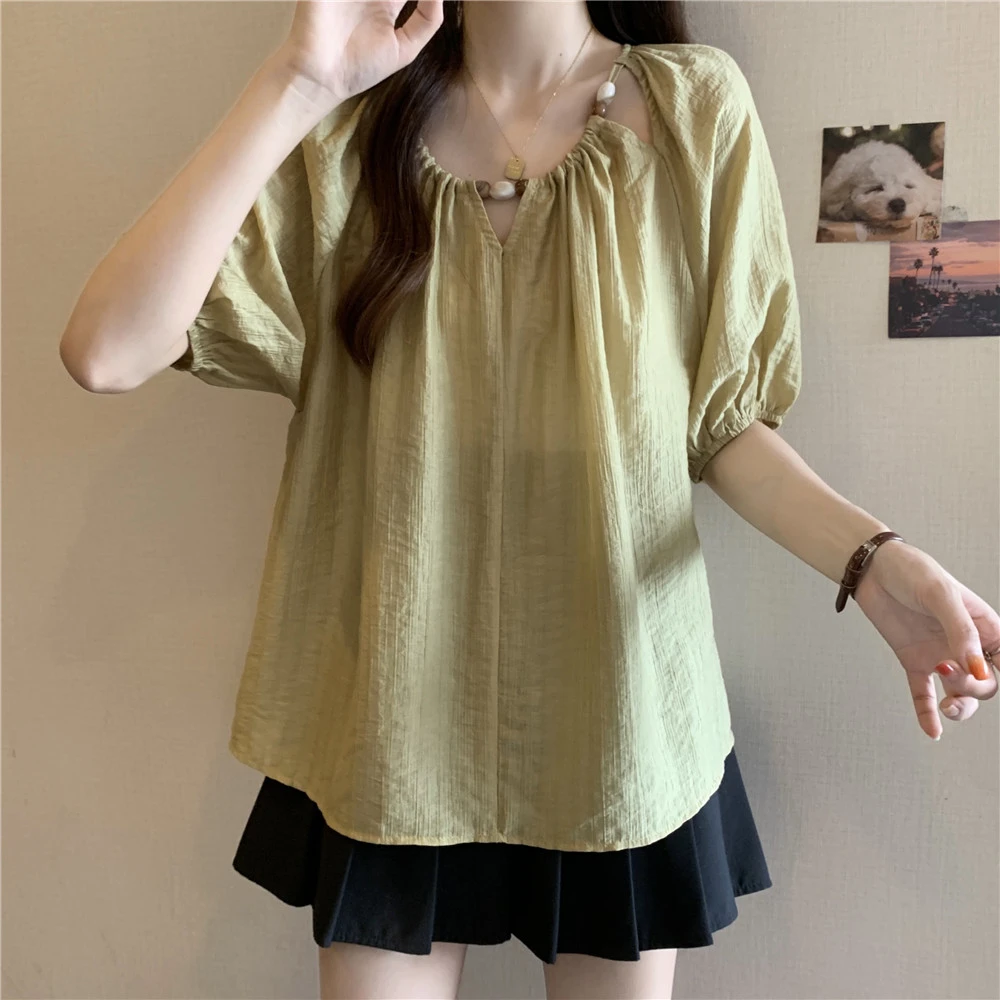 大码法式镂空薄款短袖衬衫女新款胖妹妹独特漂亮泡泡袖小衫上衣