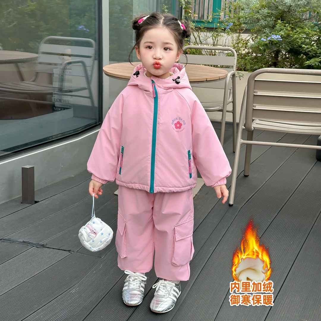 女童加绒加厚套装冬季女宝宝韩版洋气时髦冬装儿童休闲运动两件套