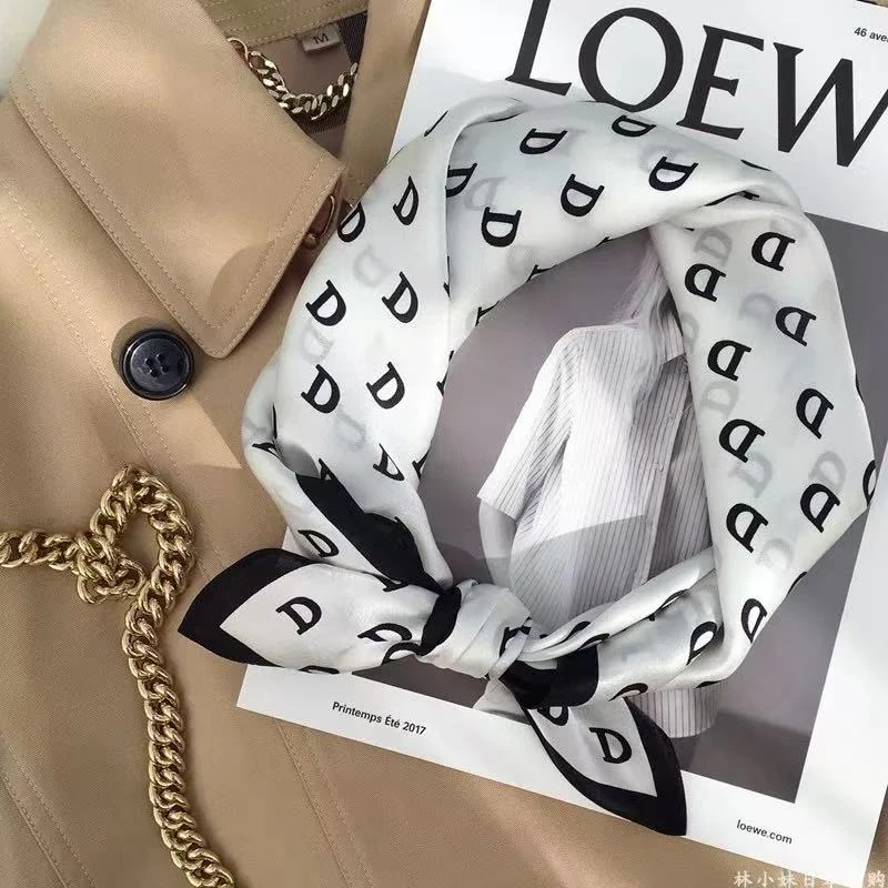 【D字母白】53cm100%桑蚕丝14姆米素绉缎丝巾围巾小方巾礼物