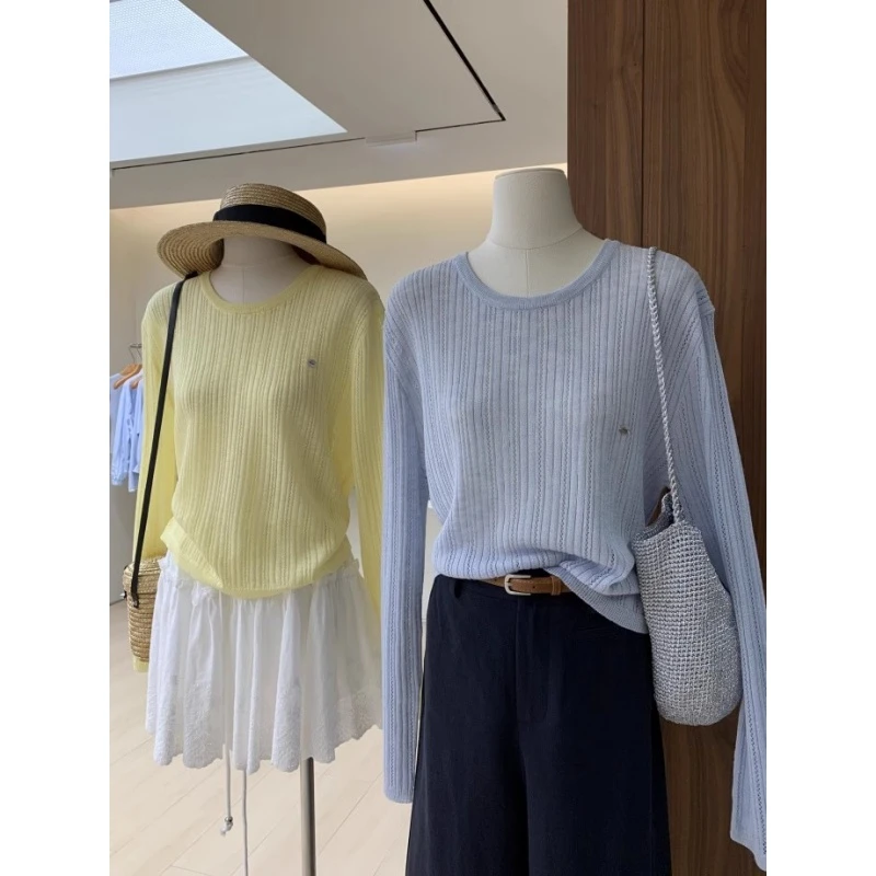 【现货】2025新款圆领长袖露背镂空针织衫女2025春季新款宽松上衣