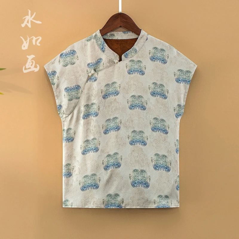 【栀晴】夏季2025新款上衣小衫女装新中式国风立领提花人丝短袖衬衫