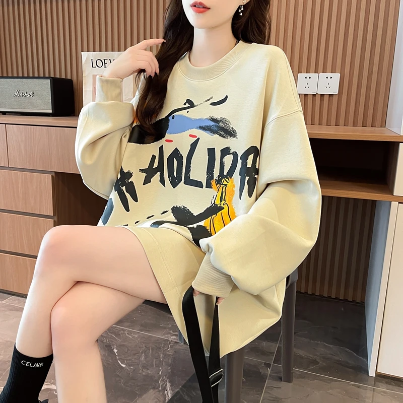 中长款圆领卫衣女秋季2025爆款韩版胖mm宽松欧货大码休闲薄款上衣
