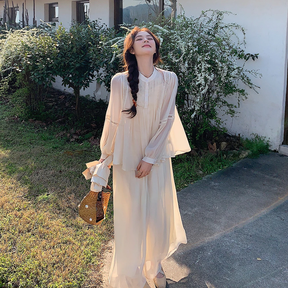 少女风压皱防晒衬衫阔腿裤套装女2025夏季新款轻薄独特漂亮三件套