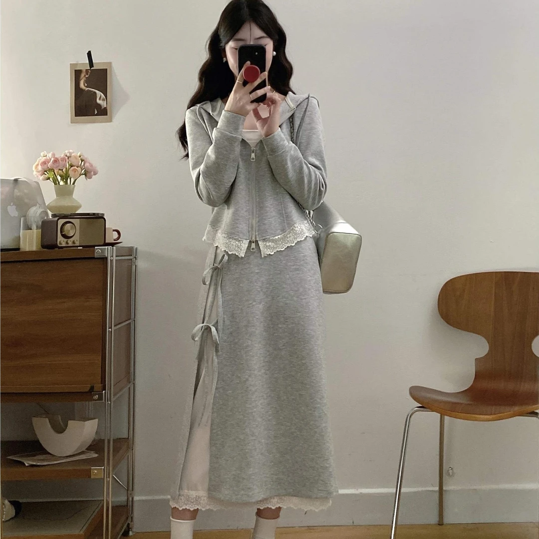 春秋大码设计感别致休闲套装女胖mm蕾丝拼接上衣系带假两件半身裙