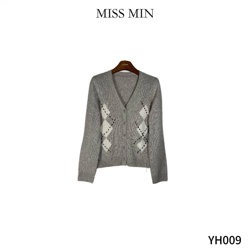 MISS MIN【棋盘格】菱形格手缝线V领羊绒羊毛混纺毛衣开衫YH009: