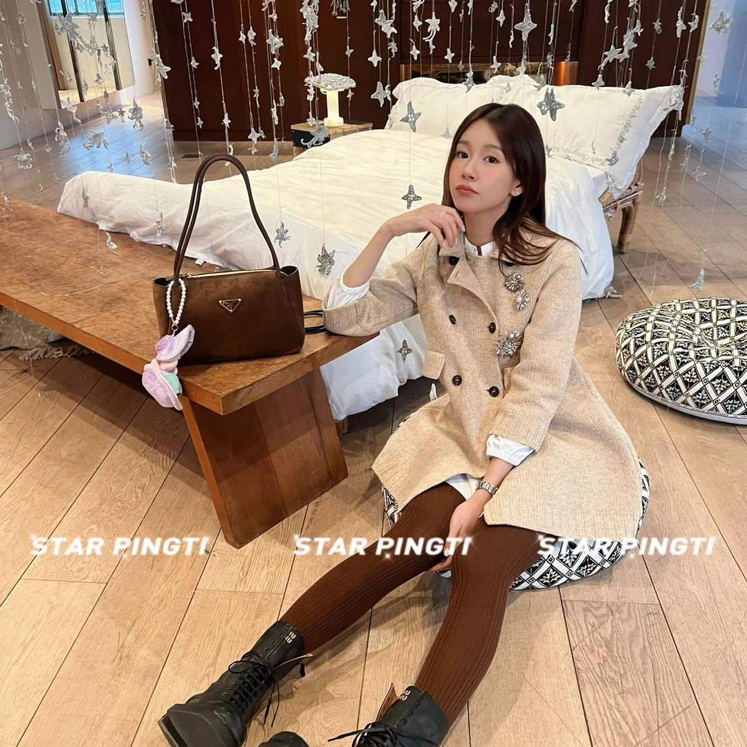 小香风针织开衫女秋名媛千金miu系中长款排扣翻领七分袖毛衣外套