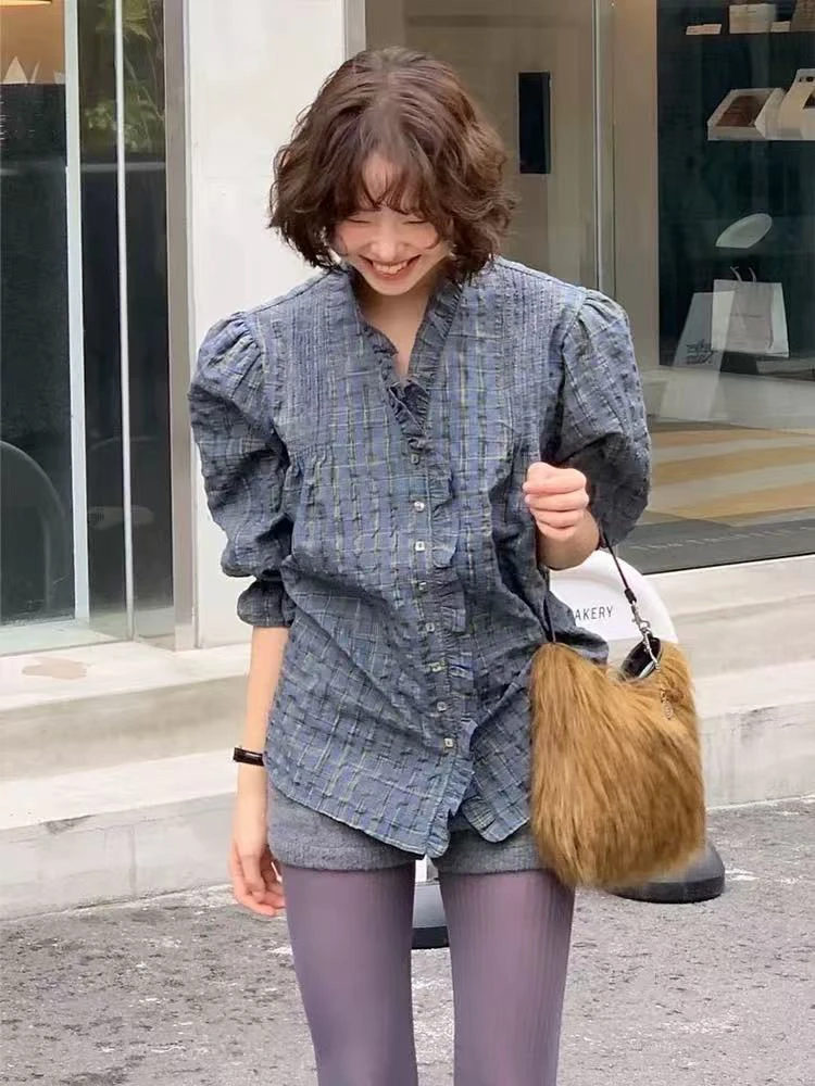 LANG TU-【维多利亚】韩国单！viapl*张子萱同款花边木耳边格子衬衣