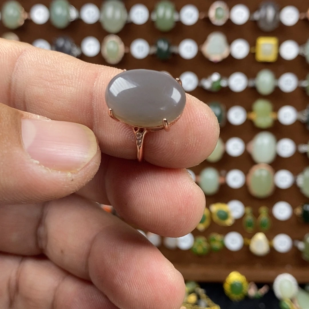 和田玉（青白玉）戒指银S925镀金镶嵌