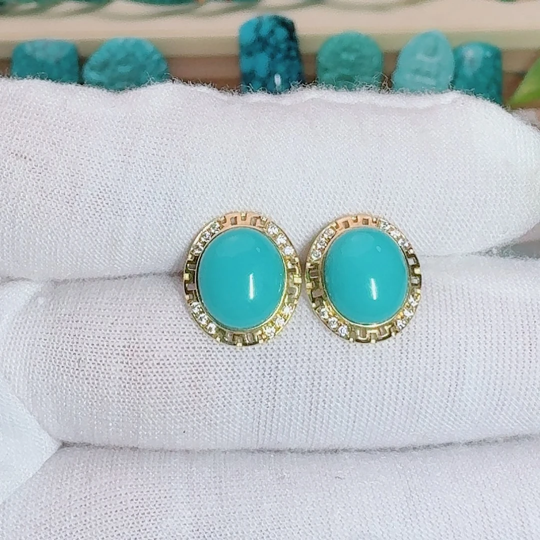 绿松石18K金镶嵌珠宝奇石设计款耳钉