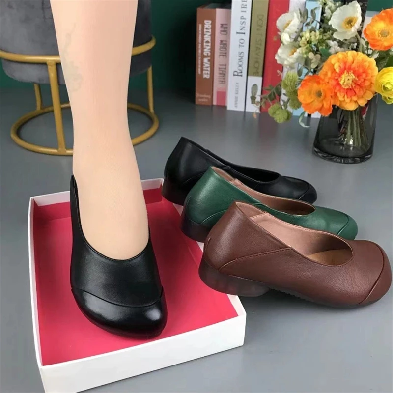 民族风软皮牛筋底豆豆鞋女夏季软底圆头平跟妈妈鞋复古百搭单鞋女