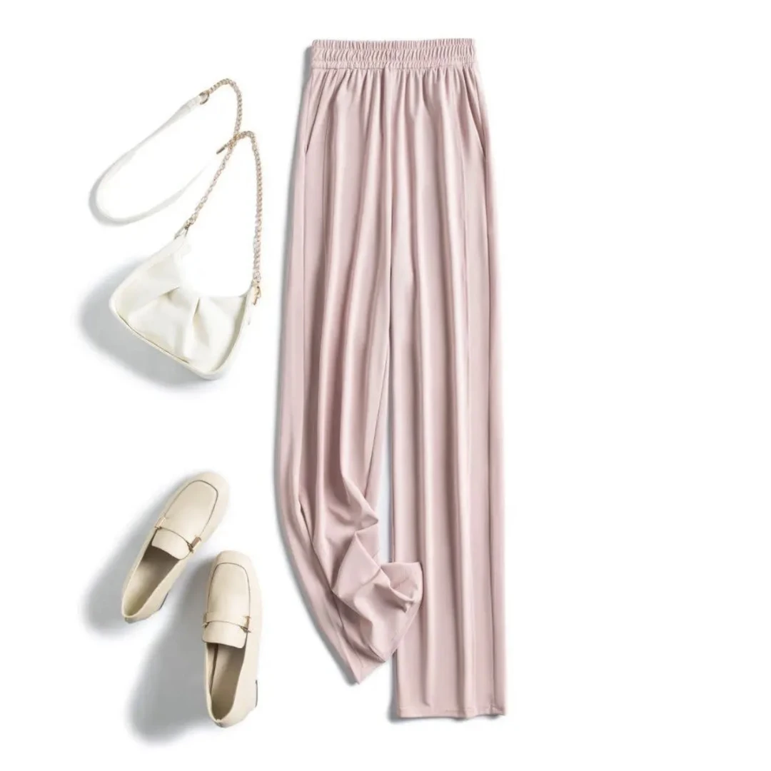 新款消光网纹裤子小个子拖地休闲显瘦高腰休闲裤直筒裤阔腿裤夏季