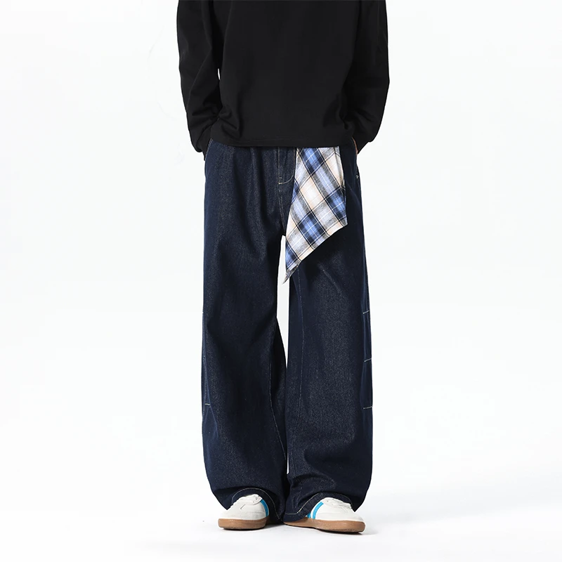 MTVO秋季新款复古牛仔裤男女宽松阔腿直筒裤潮牌格子装饰坠感裤子