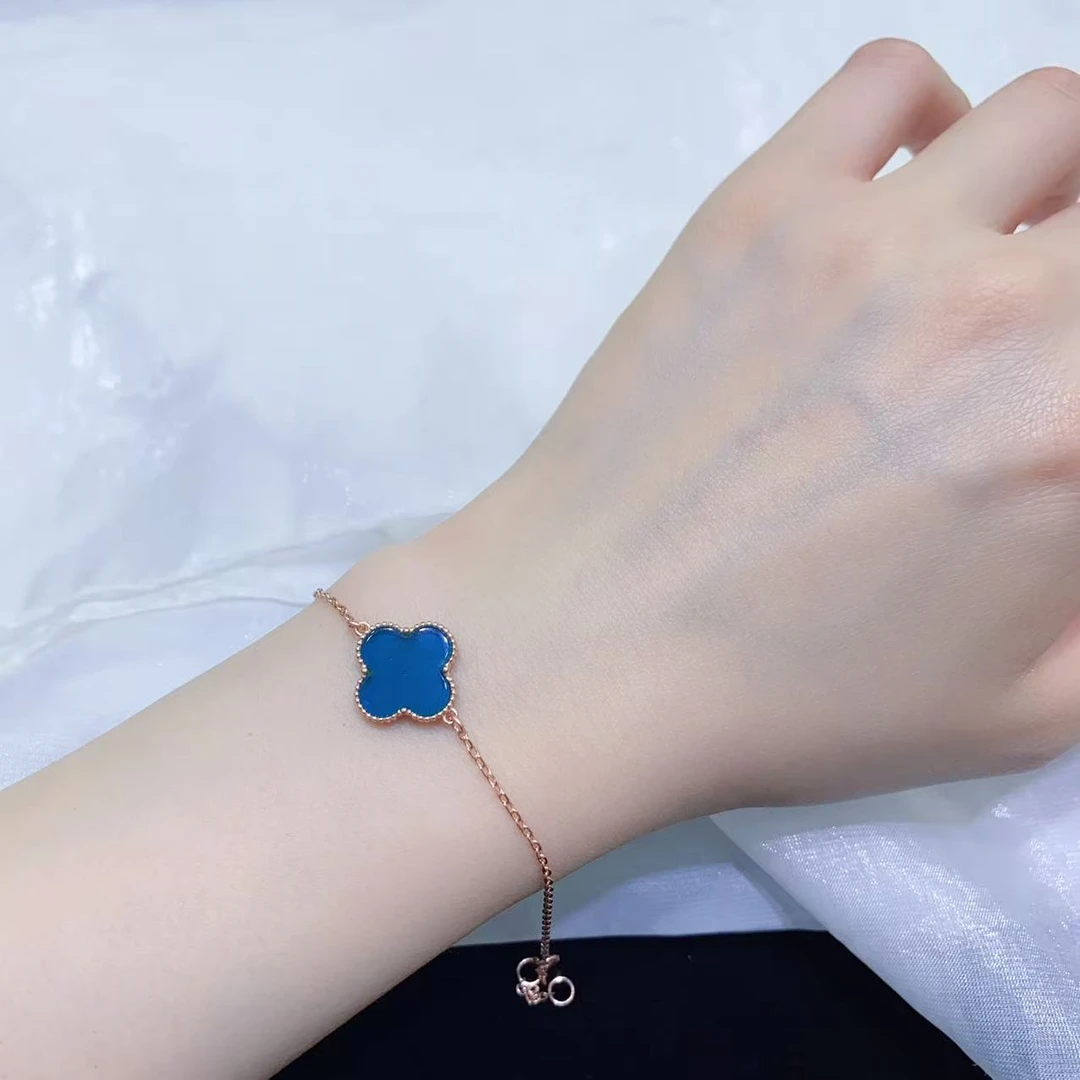 【壹芳珠宝】天然原矿墨西哥蓝珀四叶草镶嵌925银手链