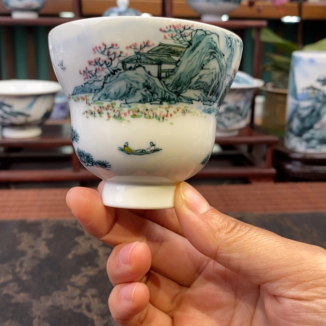 手工陶瓷柴窑青绿山水葫芦杯